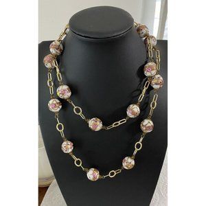 Vintage Venetian? Glass Wedding Cake Lamp Work Beaded Necklace White Pink Gold